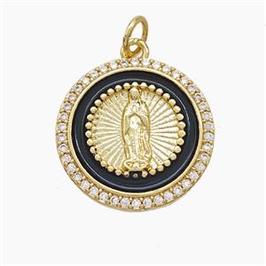 Copper Jesus Pendant Pave Zirconia Black Enamel Gold Plated, approx 18mm