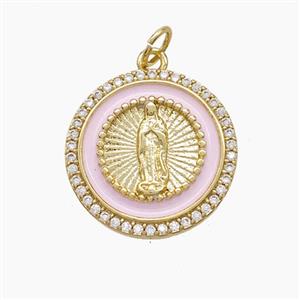 Copper Jesus Pendant Pave Zirconia Pink Enamel Gold Plated, approx 18mm
