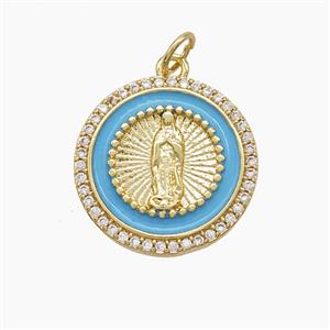 Copper Jesus Pendant Pave Zirconia Blue Enamel Gold Plated, approx 18mm