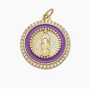 Copper Jesus Pendant Pave Zirconia Purple Enamel Gold Plated, approx 18mm