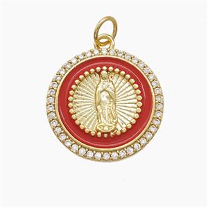 Copper Jesus Pendant Pave Zirconia Red Enamel Gold Plated, approx 18mm