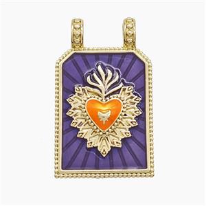 Copper Heart Pendant Rectangle Purple Painted 2loops Gold Plated, approx 18-30mm