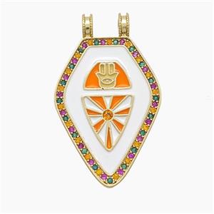 Copper Polygon Pendant Pave Zirconia White Enamel 2loops Gold Plated, approx 21-34mm