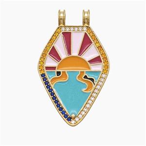 Copper Polygon Pendant Pave Zirconia Sun Multicolor Enamel 2loops Gold Plated, approx 21-34mm