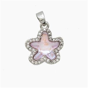 Copper Starfish Pendant Pave Zirconia Pink Acrylic Platinum Plated, approx 13-14mm