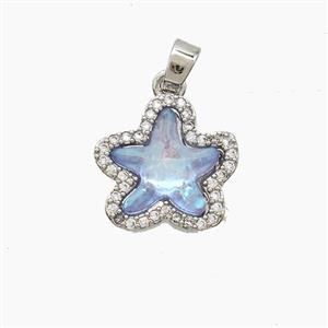 Copper Starfish Pendant Pave Zirconia Blue Acrylic Platinum Plated, approx 13-14mm