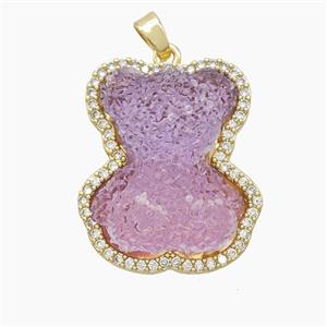 Purple Resin Bear Copper Pendant Pave Zirconia Gold Plated, approx 22-26mm