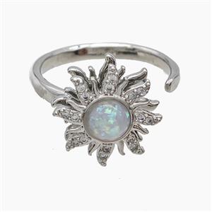 Copper Sunflower Rings Pave Zirconia Fire Opal Rotatable Platinum Plated, approx 15mm, 18mm dia