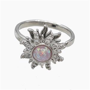 Copper Sunflower Rings Pave Zirconia Pink Fire Opal Rotatable Platinum Plated, approx 15mm, 18mm dia