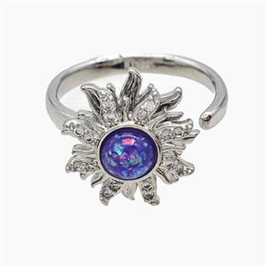 Copper Sunflower Rings Pave Zirconia Blue Fire Opal Rotatable Platinum Plated, approx 15mm, 18mm dia