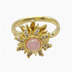 Copper Sunflower Rings Pave Zirconia Pink Fire Opal Rotatable Gold Plated, approx 15mm, 18mm dia