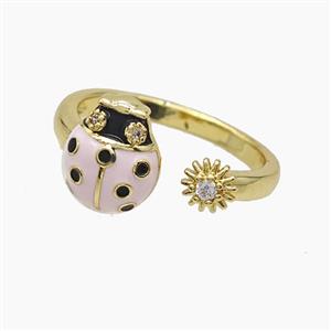 Copper Ladybug Rings Pave Zirconia Pink Enamel Gold Plated, approx 5mm, 9-11mm, 18mm dia