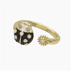 Copper Ladybug Rings Pave Zirconia Black Enamel Gold Plated, approx 5mm, 9-11mm, 18mm dia