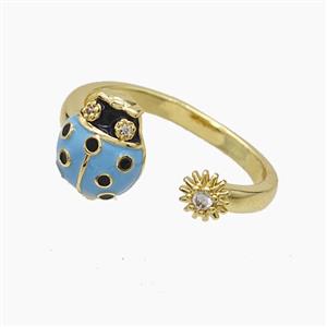 Copper Ladybug Rings Pave Zirconia Blue Enamel Gold Plated, approx 5mm, 9-11mm, 18mm dia