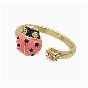 Copper Ladybug Rings Pave Zirconia Pink Enamel Gold Plated, approx 5mm, 9-11mm, 18mm dia