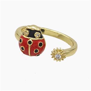 Copper Ladybug Rings Pave Zirconia Red Enamel Gold Plated, approx 5mm, 9-11mm, 18mm dia