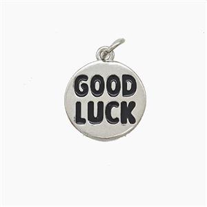 Copper GOODLUCK Pendant Black Enamel Platinum Plated, approx 13.5mm