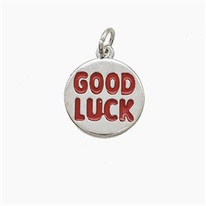 Copper GOODLUCK Pendant Red Enamel Platinum Plated, approx 13.5mm