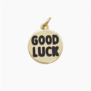 Copper GOODLUCK Pendant Black Enamel Gold Plated, approx 13.5mm