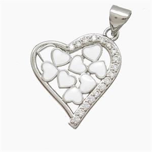 Copper Heart Pendant Pave Zirconia White Enamel Platinum Plated, approx 18-20mm