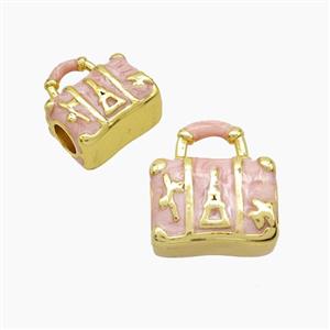 Copper Handbag Beads Lt.Pink Painted Large Hole Gold Plated, approx 13-14mm, 4mm hole