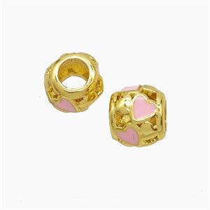 Copper Barrel Beads Pink Enamel Heart Large Hole Gold Plated, approx 8-9mm, 4mm hole