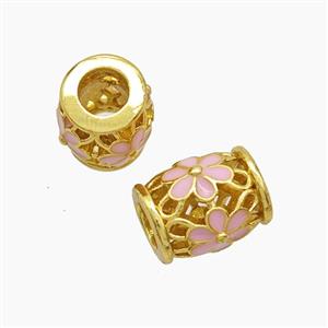 Copper Barrel Beads Pink Enamel Flower Large Hole Hollow Gold Plated, approx 9-11.5mm, 5mm hole