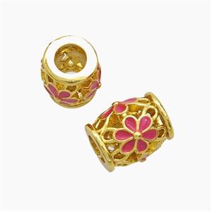 Copper Barrel Beads Red Enamel Flower Large Hole Gold Plated, approx 9-11.5mm, 5mm hole