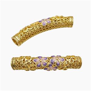 Copper Tube Beads Purple Enamel Flower Curving Large Hole Gold Plated, approx 7-38mm, 5mm hole