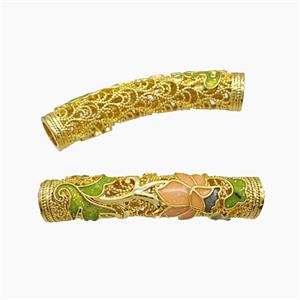 Copper Tube Beads Multicolor Enamel Flower Curving Large Hole Gold Plated, approx 7-38mm, 5mm hole
