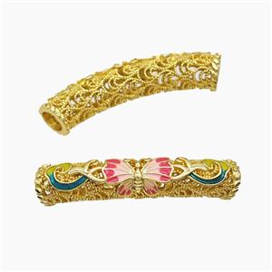 Copper Tube Beads Enamel Butterfly Curving Large Hole Gold Plated, approx 7-38mm, 5mm hole