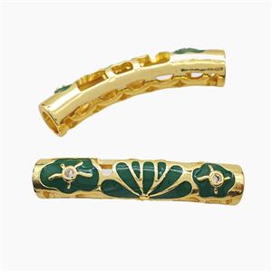 Copper Tube Beads Green Enamel Flower Curving Large Hole Gold Plated, approx 7-38mm, 5mm hole