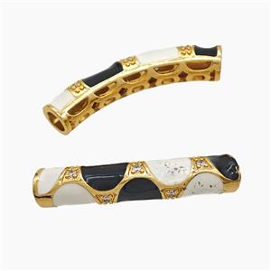 Copper Tube Beads Pave Zirconia White Black Enamel Curving Large Hole Gold Plated, approx 7-38mm, 5mm hole