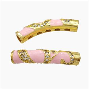 Copper Tube Beads Pave Zirconia Pink Enamel Large Hole Curving Gold Plated, approx 7-38mm, 5mm hole