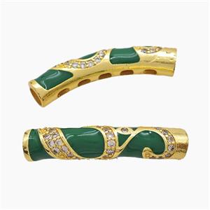 Copper Tube Beads Pave Zirconia Green Enamel Large Hole Curving Gold Plated, approx 7-38mm, 5mm hole