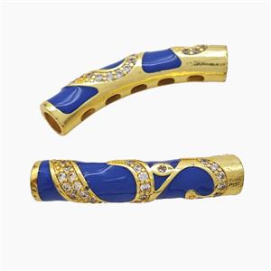 Copper Tube Beads Pave Zirconia Blue Enamel Large Hole Curving Gold Plated, approx 7-38mm, 5mm hole