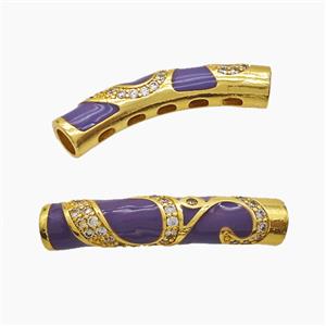 Copper Tube Beads Pave Zirconia Purple Enamel Large Hole Curving Gold Plated, approx 7-38mm, 5mm hole