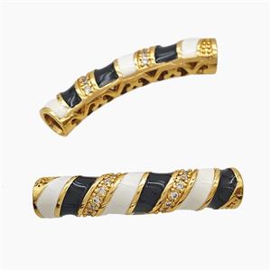 Copper Tube Beads Pave Zirconia White Black Enamel Large Hole Curving Gold Plated, approx 7-38mm, 5mm hole