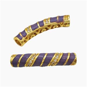 Copper Tube Beads Pave Zirconia Purple Enamel Large Hole Curving Gold Plated, approx 7-38mm, 5mm hole