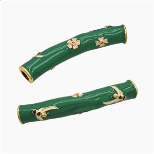 Copper Tube Beads Green Enamel Large Hole Flower Curving Gold Plated, approx 7-42mm, 4mm hole