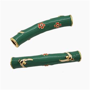 Copper Tube Beads Green Enamel Large Hole Curving Gold Plated, approx 7-42mm, 4mm hole