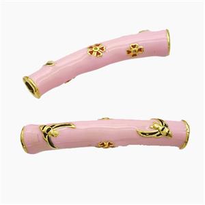 Copper Tube Beads Pink Enamel Large Hole Curving Gold Plated, approx 7-42mm, 4mm hole