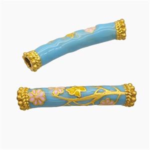 Copper Tube Beads Turqblue Enamel Large Hole Curving Flower Gold Plated, approx 8-42mm, 4mm hole