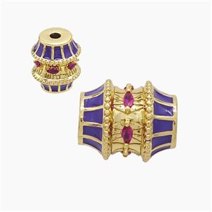 Copper Barrel Beads Pave Zirconia Purple Enamel Gold Plated, approx 16-19mm