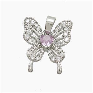Copper Butterfly Pendant Pave Zirconia Crystal Glass Platinum Plated, approx 15-17mm