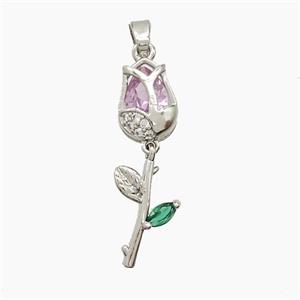 Copper Tulip Pendant Pave Crystal Glass Flower Platinum Plated, approx 8-28mm