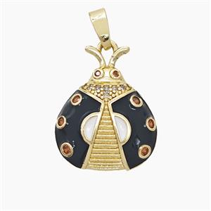 Copper Ladybug Pendant Pave Zirconia Black Enamel Gold Plated, approx 15-19mm
