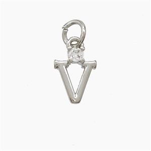 Copper Letter-V Pendant Pave Zirconia Platinum Plated, approx 6-10mm
