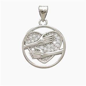 Copper Heart Pendant Pave Zirconia Love Hug Hands Platinum Plated, approx 16mm