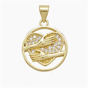Copper Heart Pendant Pave Zirconia Love Hug Hands Gold Plated, approx 16mm